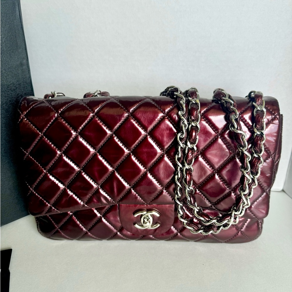 Authentic Chanel Jumbo Flap Bag Wine Patent Leather